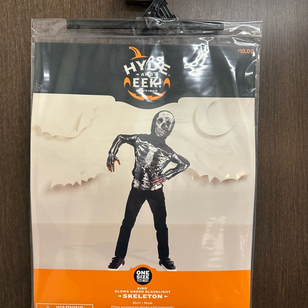 Lot of 6 - Skeleton Kids Costumes - shirt and mask - glow under black light! NWT